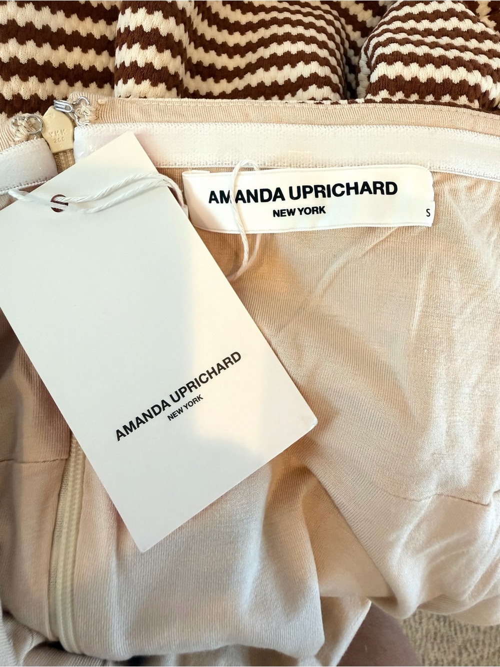 Amanda Uprichard Brown & Cream Striped Halter Dress Midi Has Stretch NWT Small - Picture 4 of 14